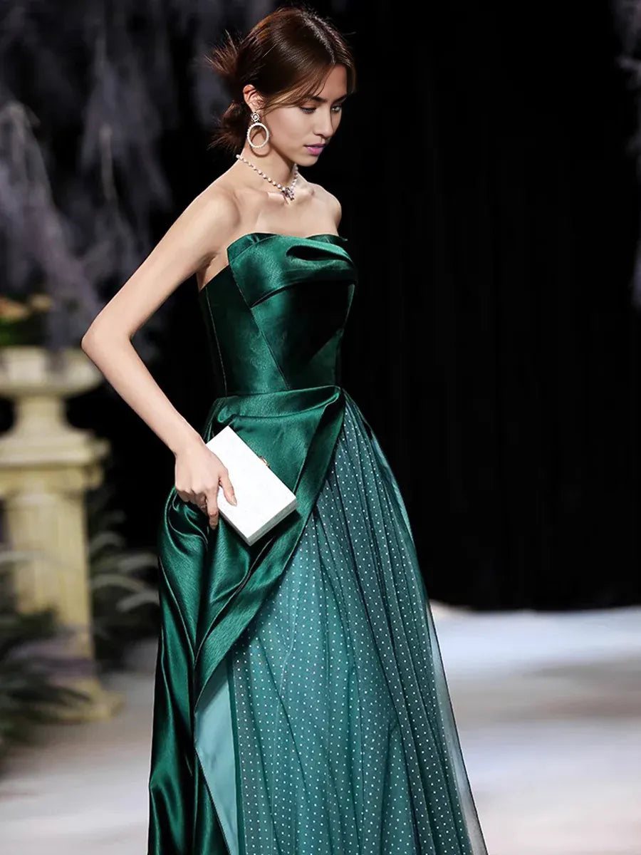 A-Line Satin Strapless Evening Party Dress Dark Green Satin Long Prom Dress