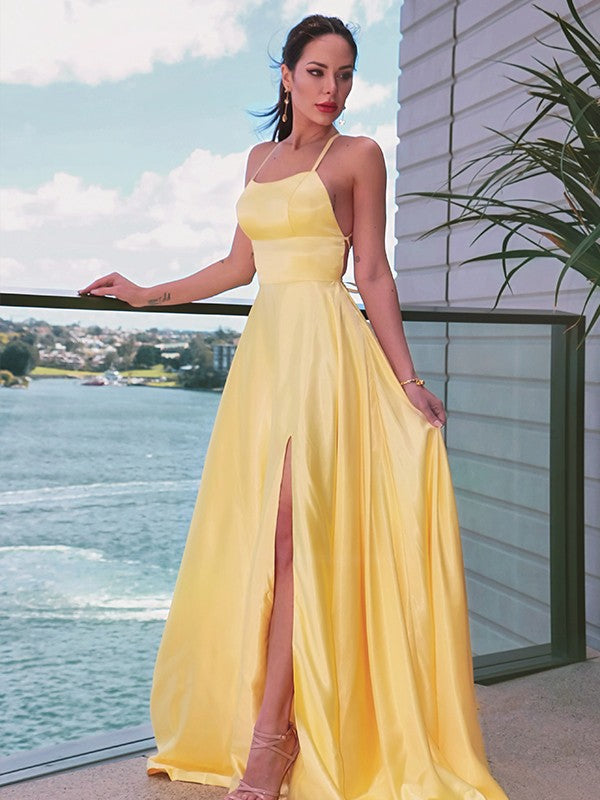 A-Line/Princess Spaghetti Straps Woven Satin Sleeveless Ruffles Sweep/Brush Train Dresses Party Dresses Formal Dresses