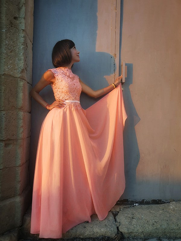 A-Line/Princess Applique Scoop Chiffon Sleeveless Floor-Length Party Dresses Formal Dresses