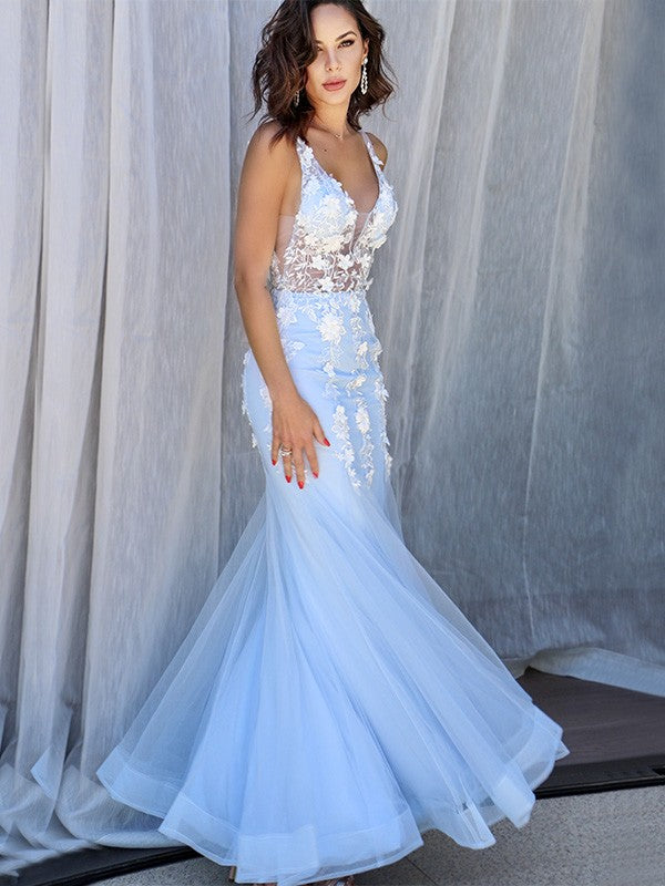 Trumpet/Mermaid Tulle V-neck Sleeveless Applique Floor-Length Dresses Party Dresses Formal Dresses