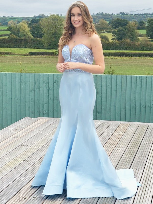 Trumpet/Mermaid Satin Beading Sweetheart Sleeveless Sweep/Brush Train Dresses