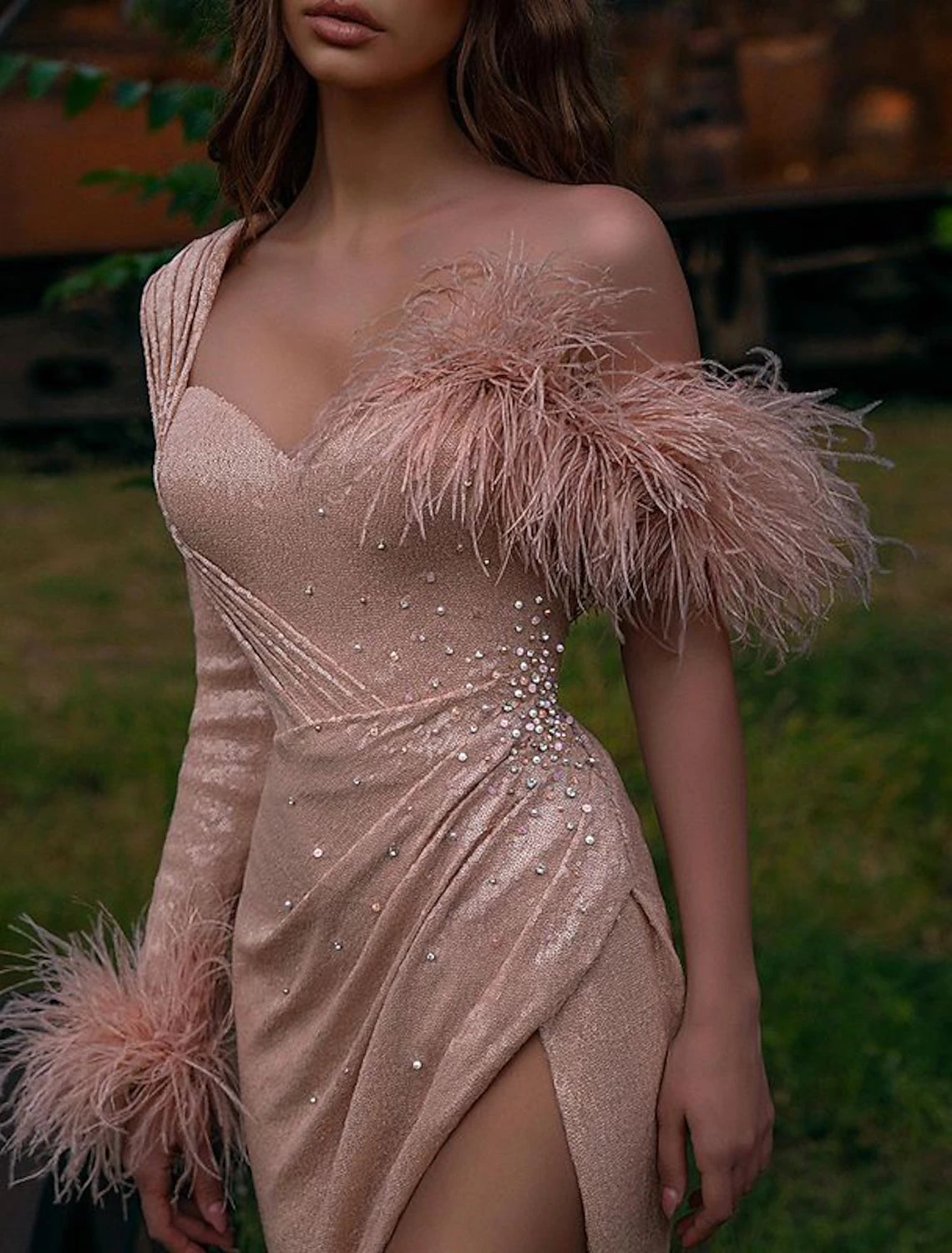 Sheath Mermaid Sleek Glitter Sparking Sequins Evening Gown Long Sleeve One Shoulder Sweep / Brush Prom Dress With Split