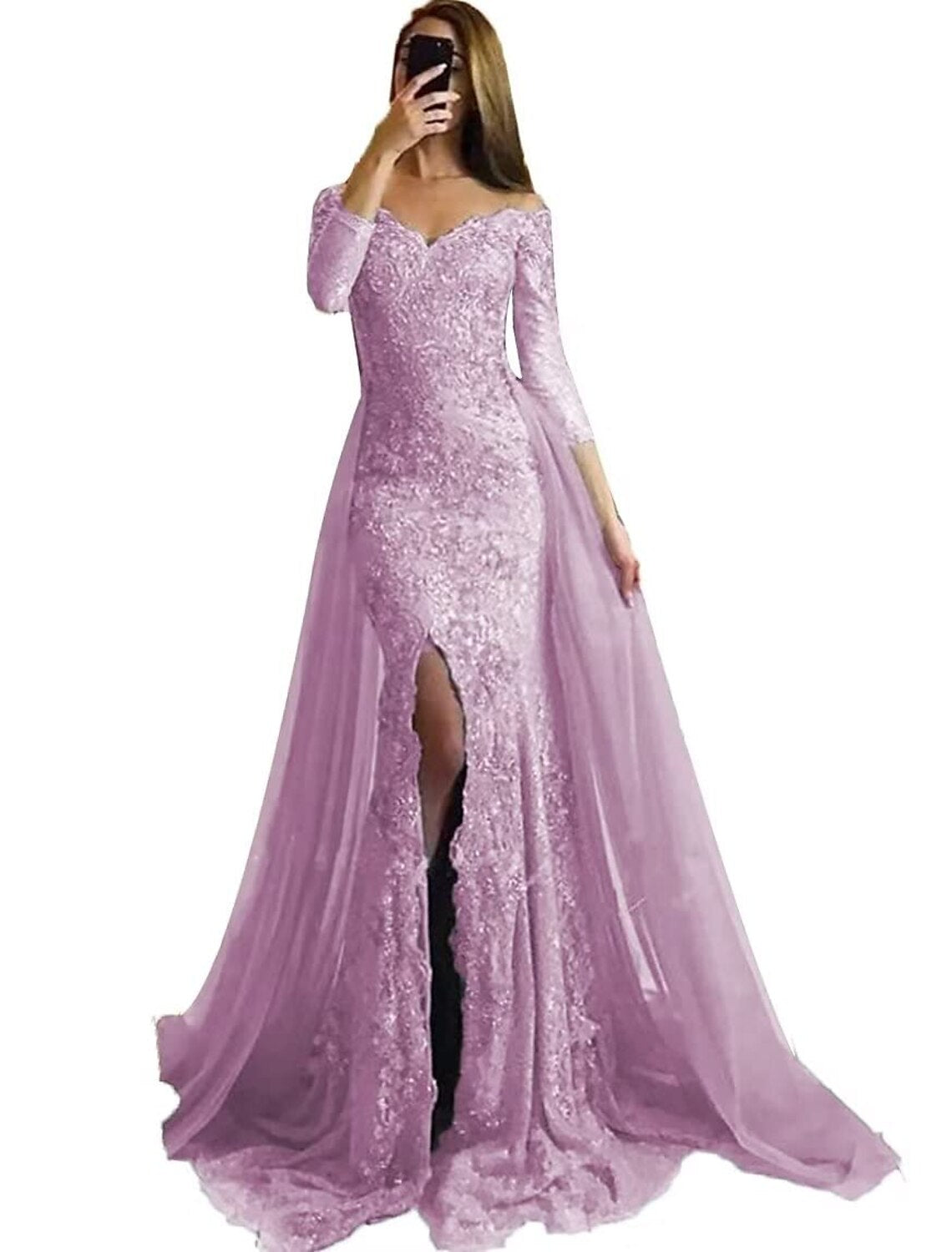 Sheath Mermaid Long Sleeve Evening Gown Off the Shoulder Floral Dress Prom Dress With Appliques /Slit