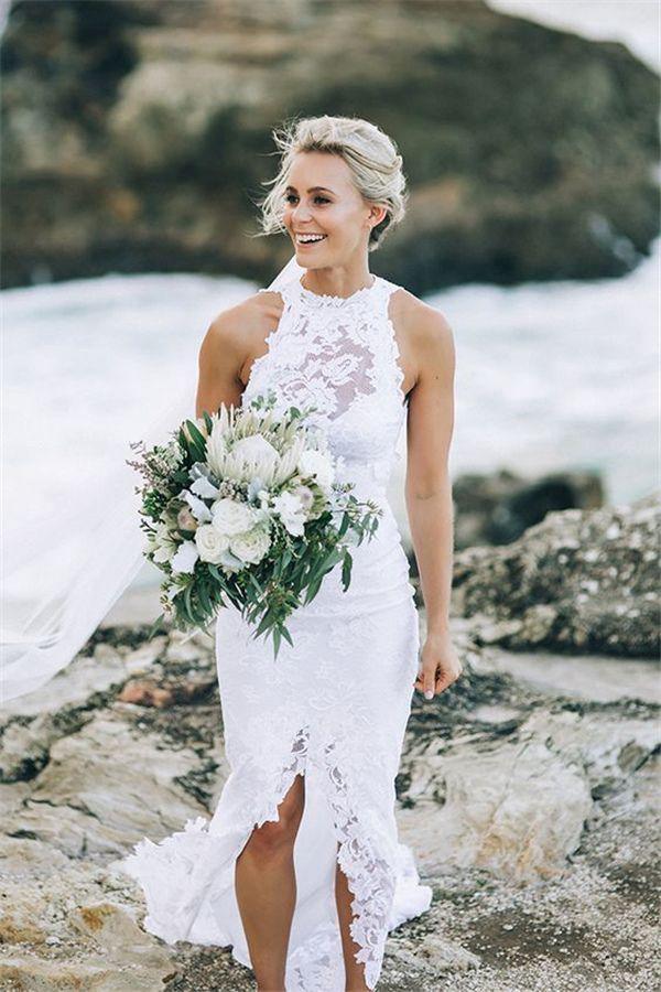 Illusion Neckline Split Sweep Train Wedding Dress Open Back Bridal Gown