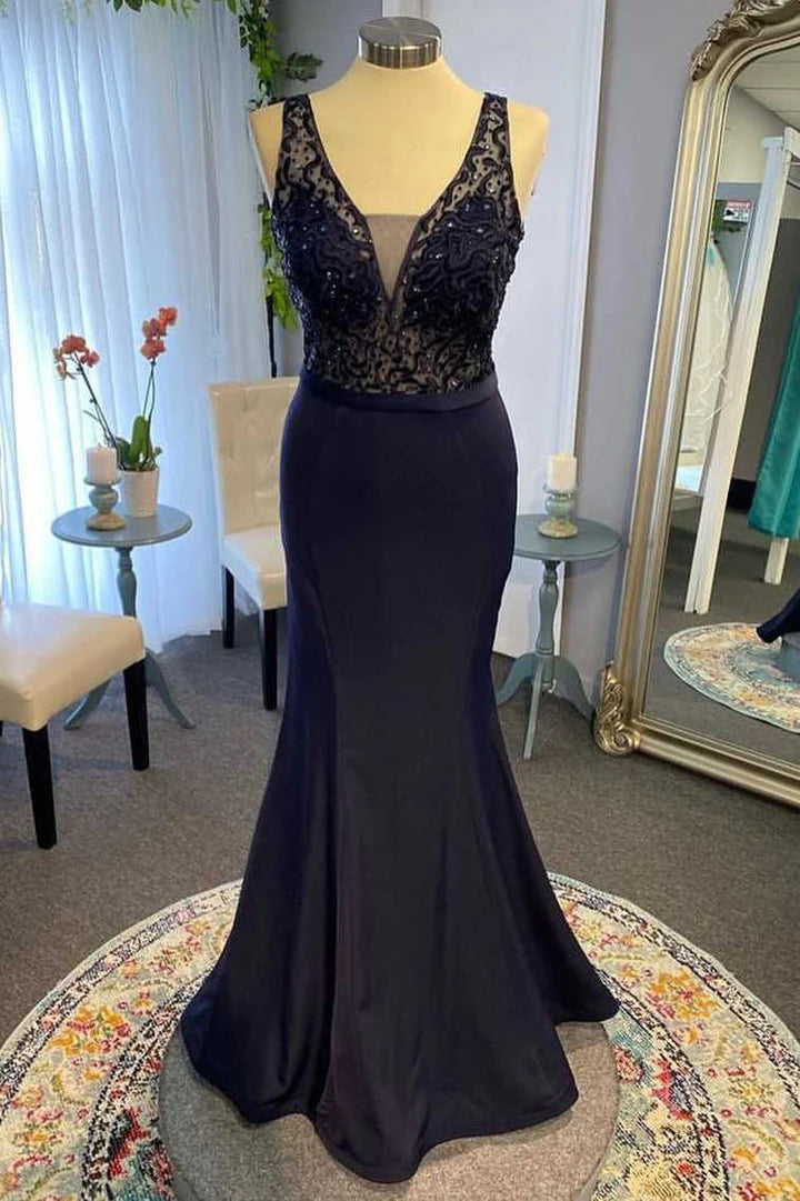 Lace Plunge V Mermaid Long Dress