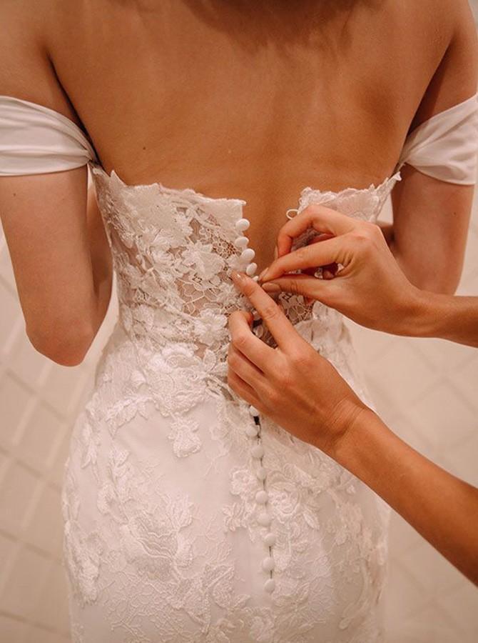 Off Shoulder Court Train Chiffon Wedding Dress with Lace Appliques
