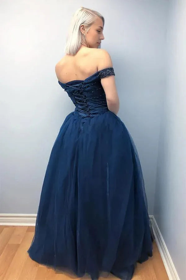 A Line Off the Shoulder Evening Dress Lace-Up Tulle Beading Navy Blue Prom Dress