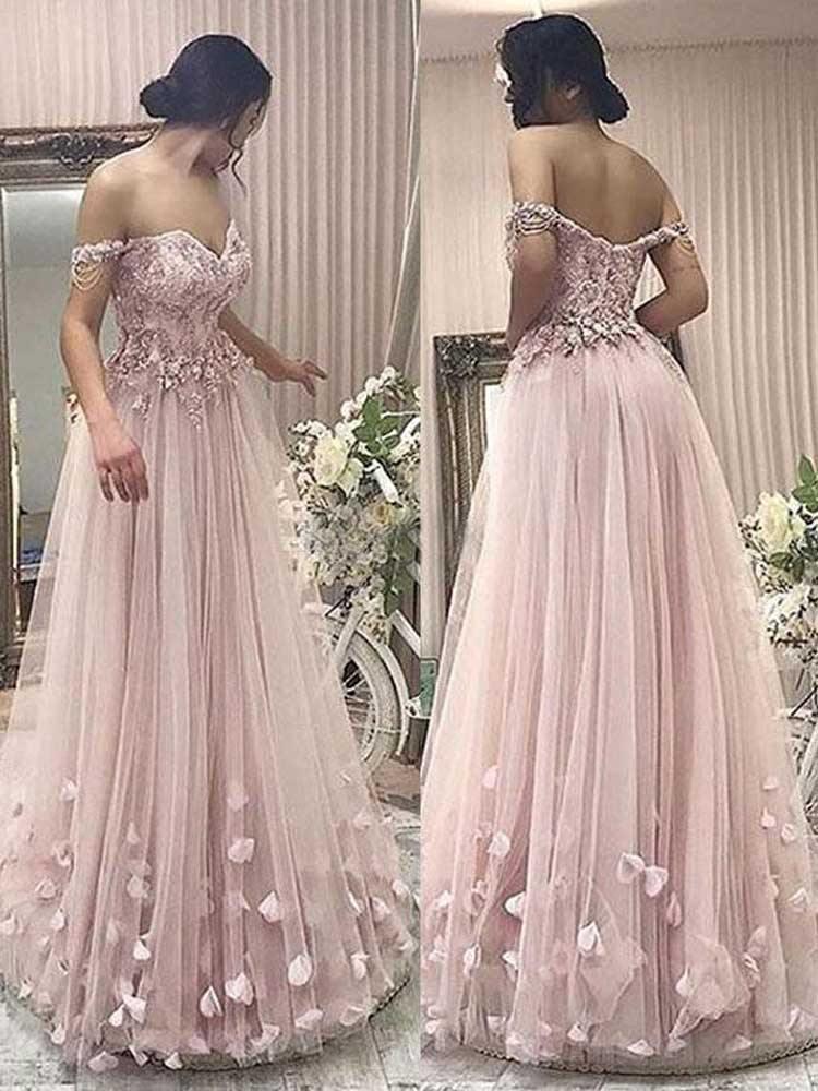 A Line Off the Shoulder Sweetheart Pink Lace Long Prom Dresses With 3D Flower