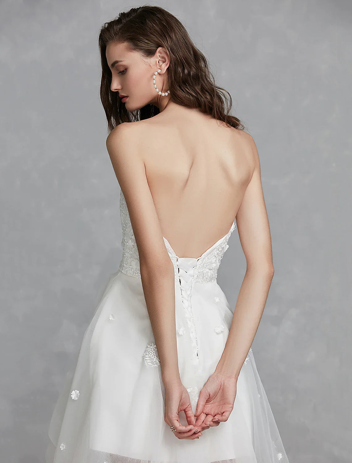 Wedding Dresses A-Line Sweetheart Strapless Asymmetrical Lace Bridal Gowns With Appliques