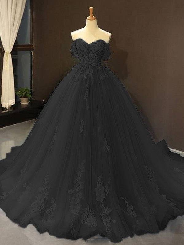 Ball Gown Tulle Off-the-Shoulder Sleeveless Applique Chapel Train Party Dresses Formal Dresses