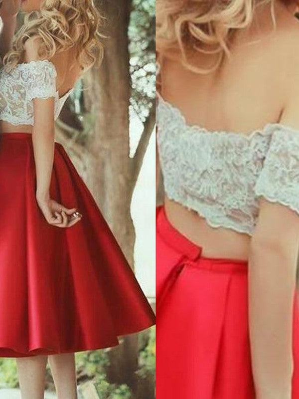 A-Line/Princess Sleeveless Off-the-Shoulder Satin Lace Knee-Length Two Piece Homecoming Dresses