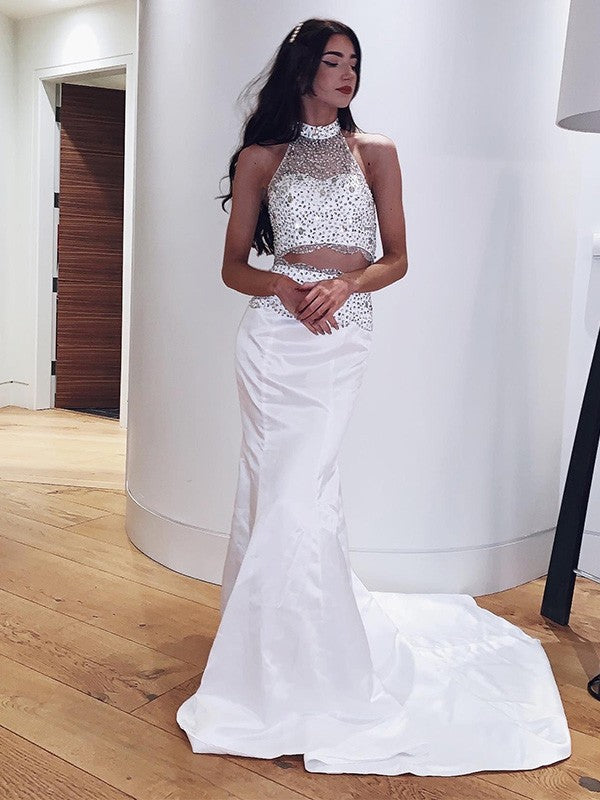 Trumpet/Mermaid Satin Beading High Neck Sleeveless Sweep/Brush Train Two Piece Party Dresses Formal Dresses