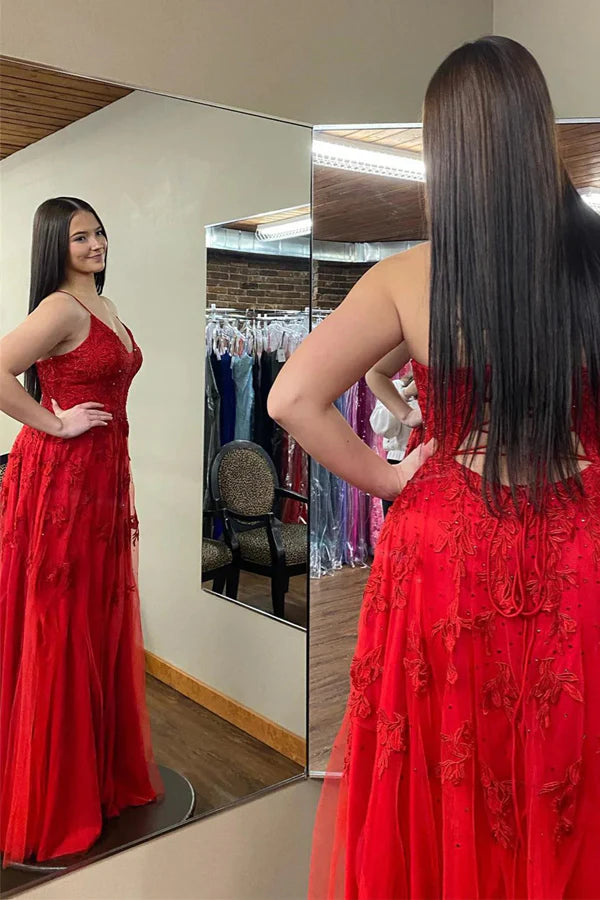 Plunging V Neck Floral Appliques Long Prom Dress with Slit