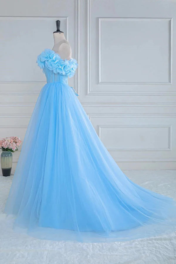 Strapless Flower A-Line Tulle Blue Prom Dress