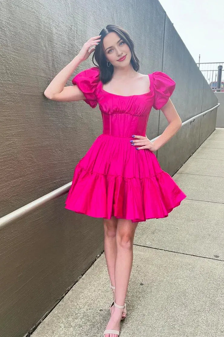 Cute A-Line Square Neck Hot Pink Satin Short Homecoming Dresses