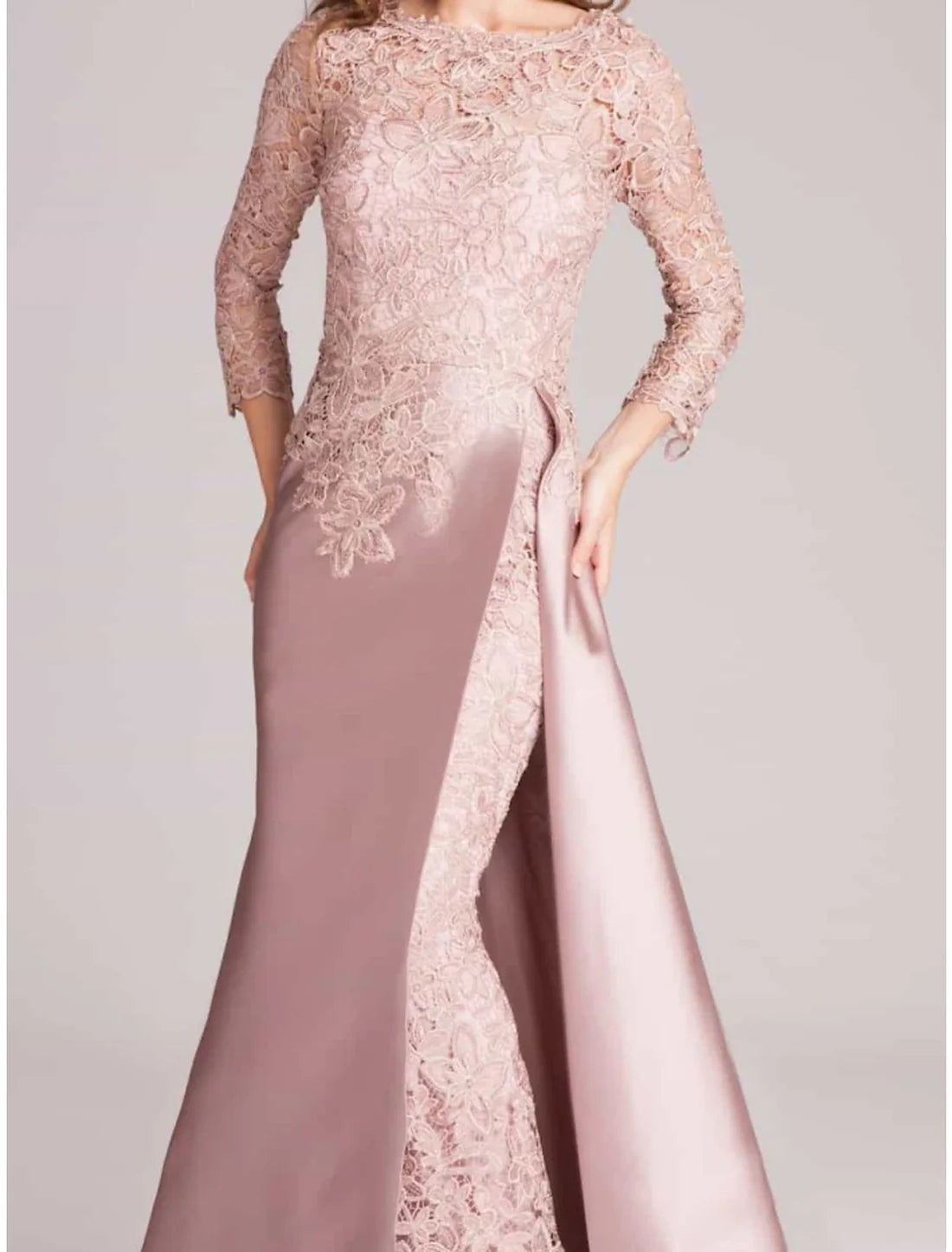 Trumpet Mother of the Bride Dress Wedding Guest Elegant Scoop Neck Floor Length Satin Long Sleeve with Lace Split