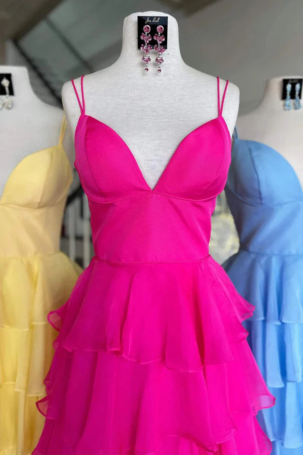 Straps Fuchsia Ruffle Chiffon Prom Dress with Slit