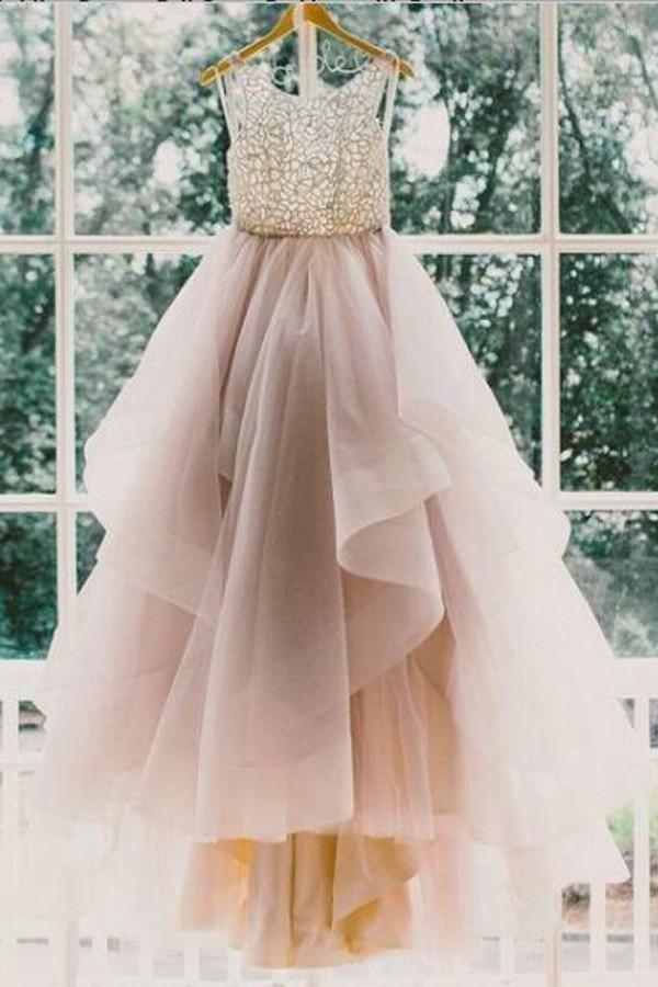Scoop Sleeveless Organza Prom Dress Evening Gowns with Sweep Train