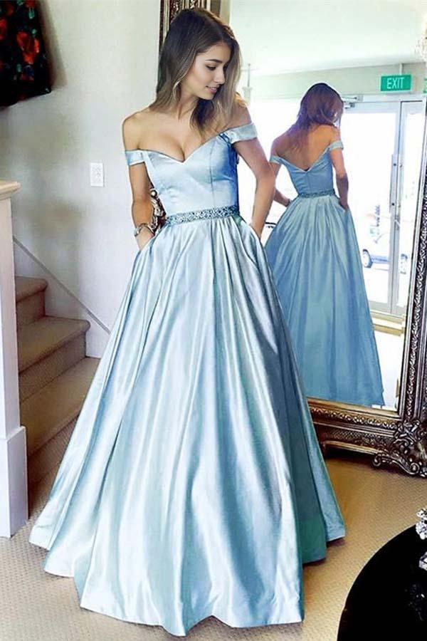 A-line Off the shoulder V Neck Blue Long Prom Dress with Pocket
