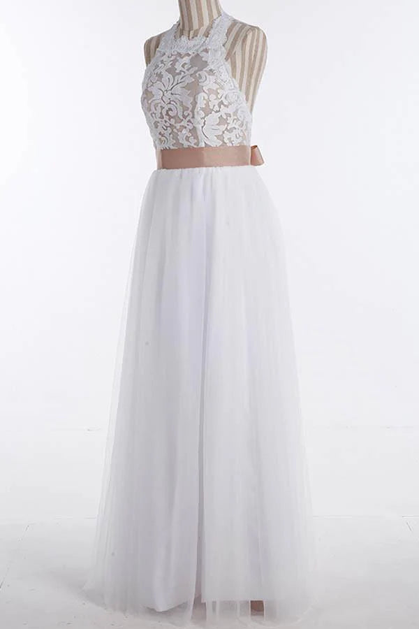 Simple Jewel Sleeveless Floor-Length Lace Top Wedding Dress