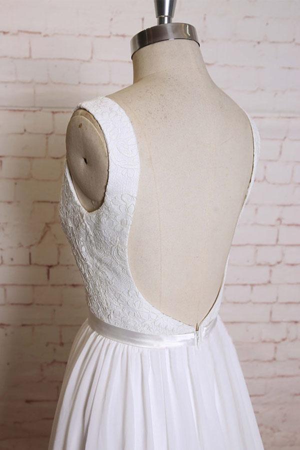 A-line Straps Court Train Chiffon Appliques Backless Wedding Dresses