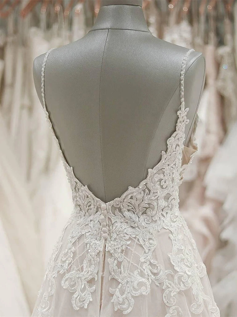 Strap V Neck Beach Wedding Dresses Backless Ivory Tulle Wedding Dress