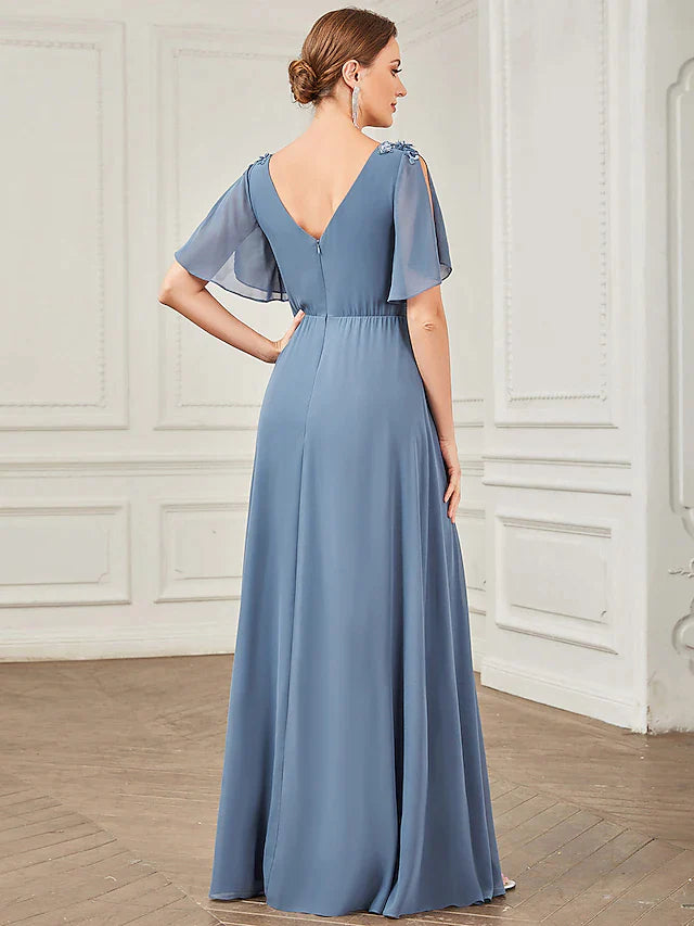 A-Line Prom Dresses Wedding Guest Floor Length Short Sleeve V Neck Chiffon with Ruched Appliques