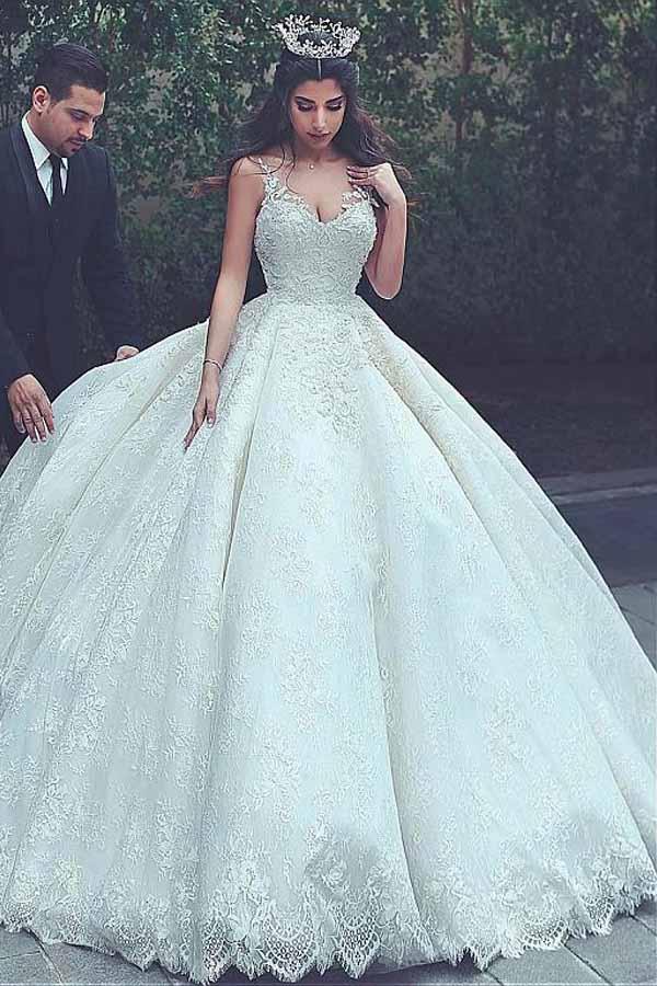V-neck Neckline Ball Gown Wedding Dresses With Lace Appliques