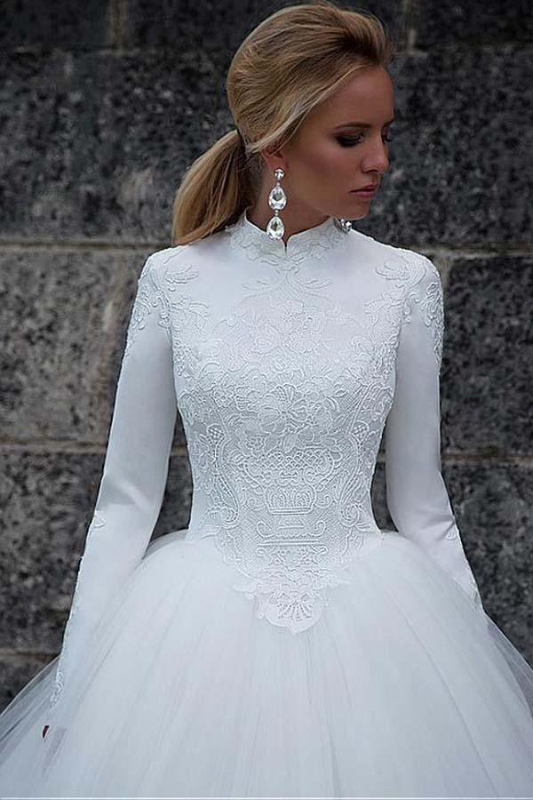 Vintage Satin High Collar Natural Waistline Ball Gown Wedding Dress