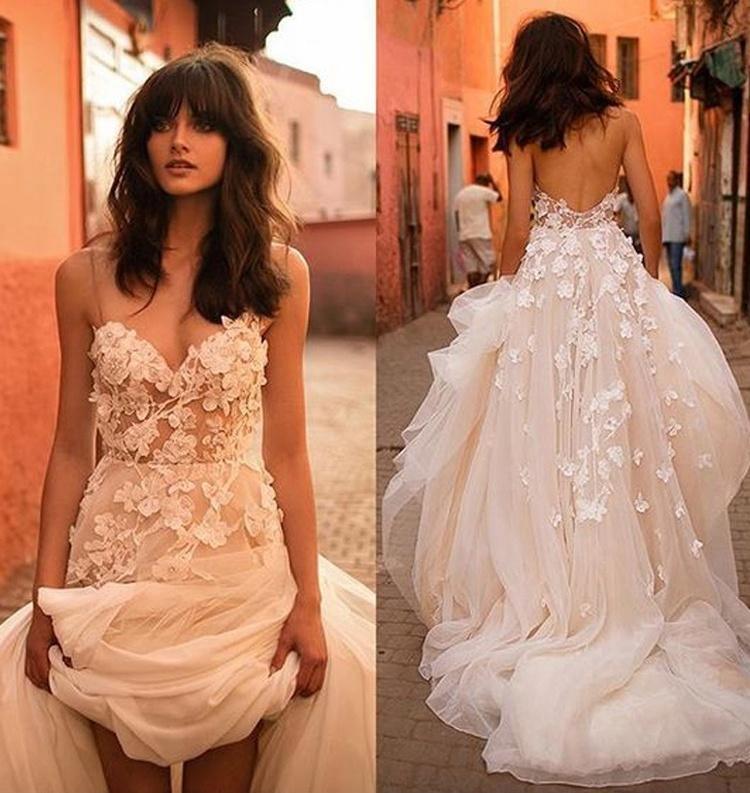 Wedding Dresses Straps A-line Backless Brush Train Tulle Long Bridal Gown