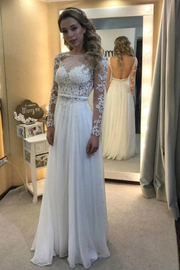 Chiffon Long Sleeve Backless Appliques Wedding Dress