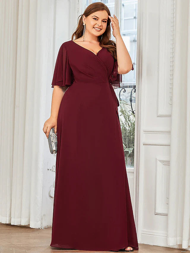 A-Line Bridesmaid Dress V Neck Short Sleeve Elegant Floor Length Chiffon with Ruffles / Draping / Bandage 1 review