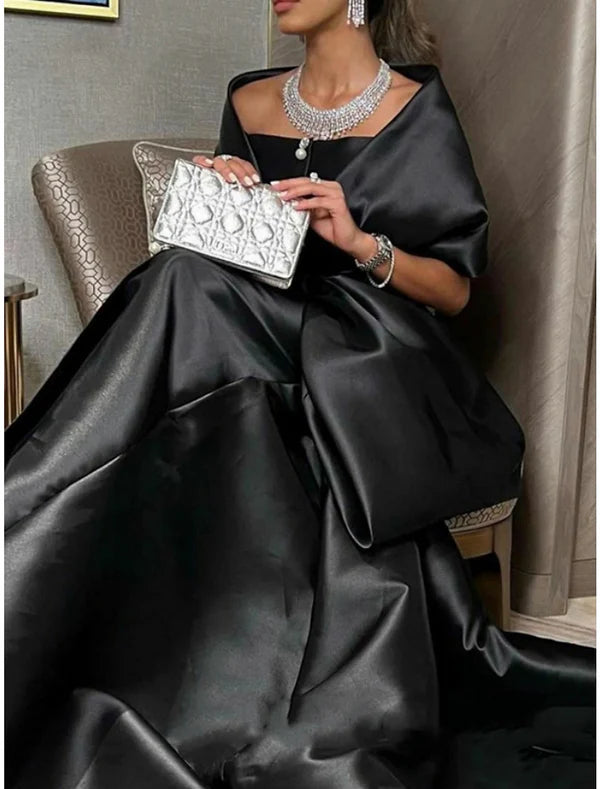 Mermaid Evening Gown Black Dress Elegant Dress Formal Court Train Half Sleeve Off Shoulder Satin with Bow(s) Slit