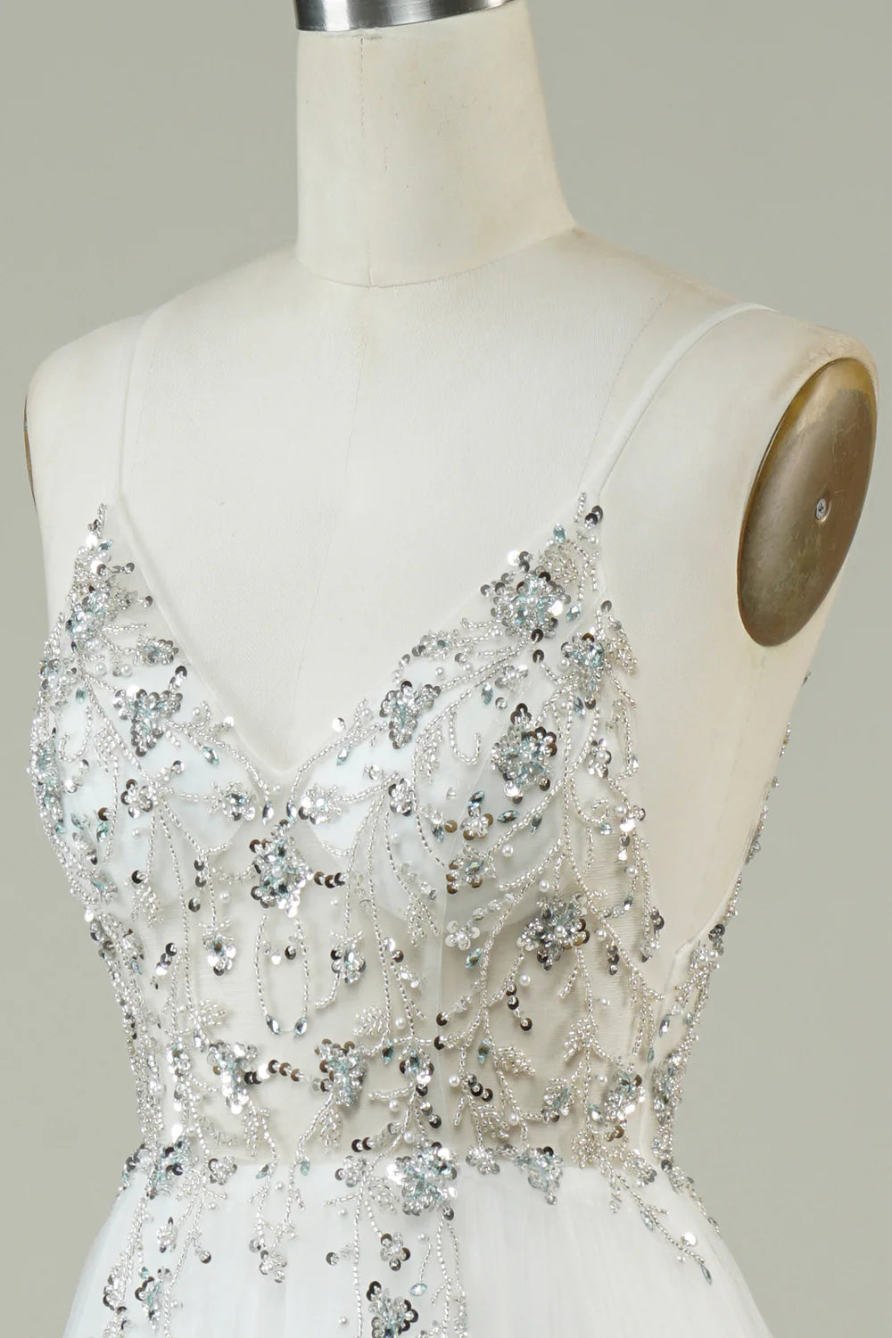 A Line Spaghetti Straps V Neck White Tulle Long Wedding Dress with Beading