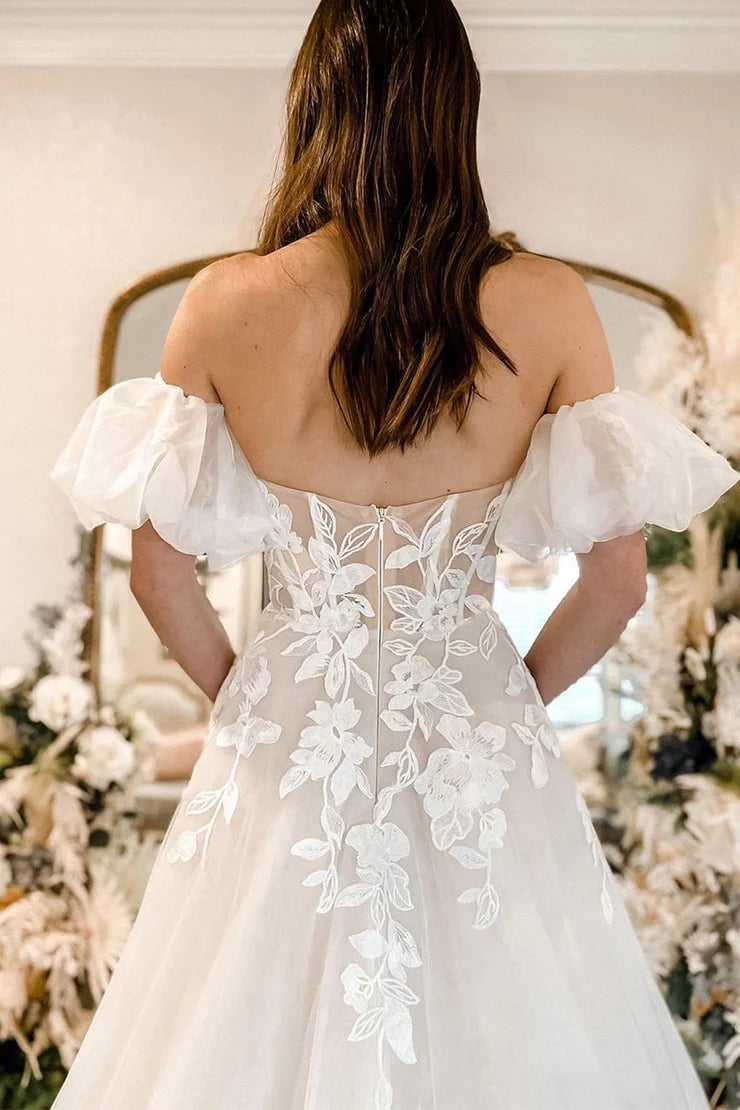 Fairy A Line Off-the-Shoulder Plunge V Sweetheart Tulle Long Wedding Dresses with Lace