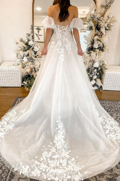 Fairy A Line Off-the-Shoulder Plunge V Sweetheart Tulle Long Wedding Dresses with Lace