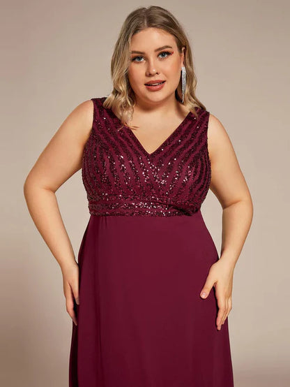 Plus Size Sequin Sleeveless Double V-Neck Formal Evening Dress/Prom Dresses Party Dresses Wedding Guest Dresses