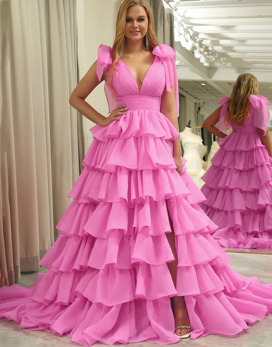 A Line V Neck Long Tiered Prom Dress
