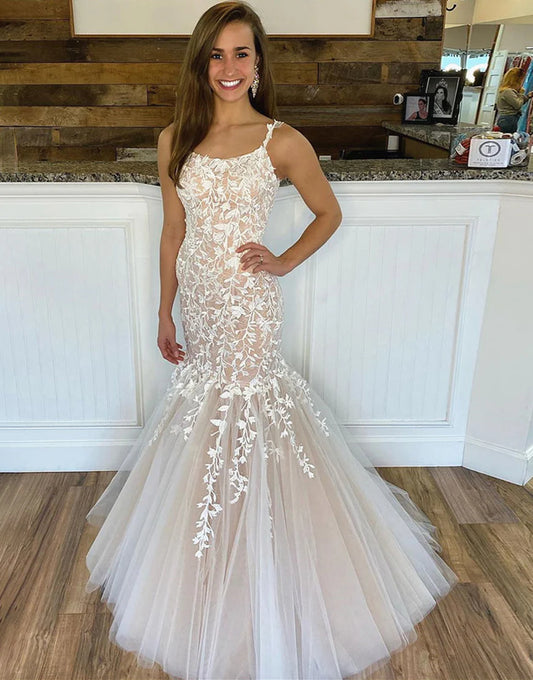 Tulle Lace Mermaid Long Prom Dress