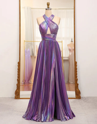 A Line Halter Long Prom Dress With Slit