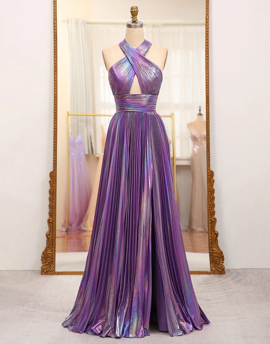 A Line Halter Long Prom Dress With Slit