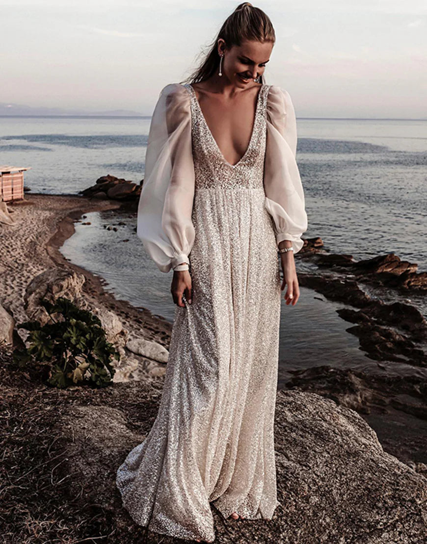 Deep V-neck Boho Wedding Dress with Sleeves