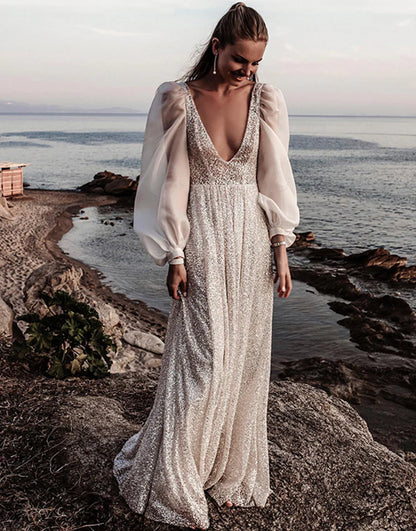Deep V-neck Boho Wedding Dress with Sleeves