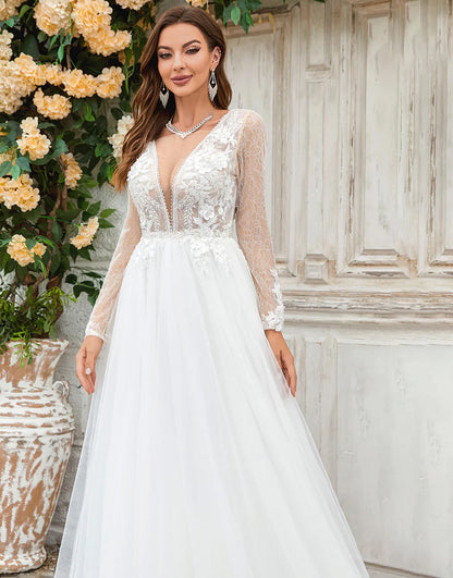 Deep V-Neck Ivory Tulle Sweep Train Wedding Dress with Lace