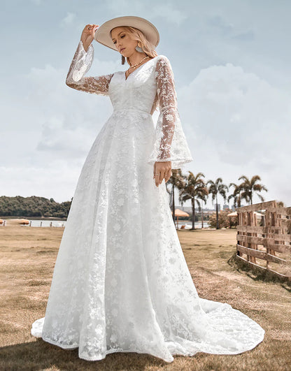 Beauty A Line V Neck Ivory Lace Flare Sleeves Wedding Dress