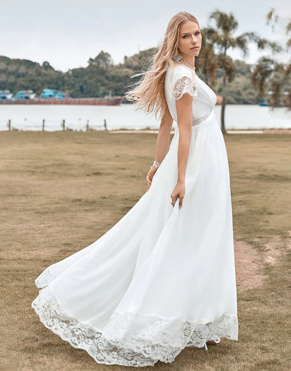 Deep V-neck Simple Boho Wlitedding Dress with S