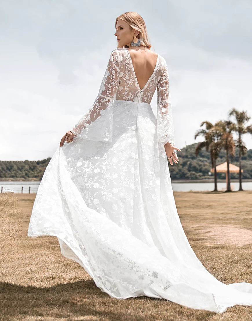 Beauty A Line V Neck Ivory Lace Flare Sleeves Wedding Dress