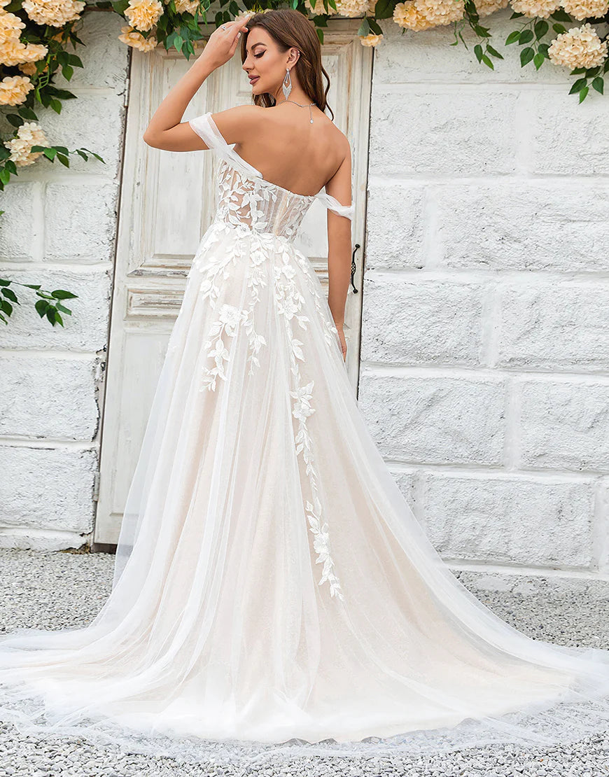 Beauty A Line Off the Shoulder Champagne Tulle Detachable Wedding Dress with Lace