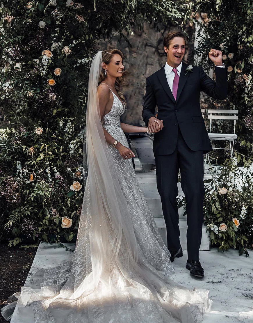 A-line V-neck Backless Glitter Wedding Dress