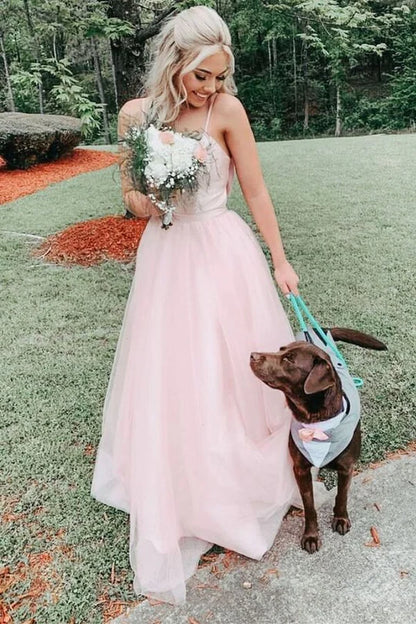 Bow Back Pink A-line Long Prom Dress